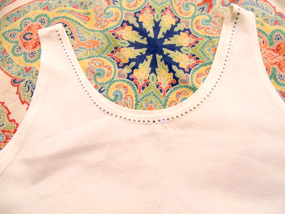 Vtg 80s Rave XXL White RHINESTONE Neckline Tank Top Cotton Glam Cami New